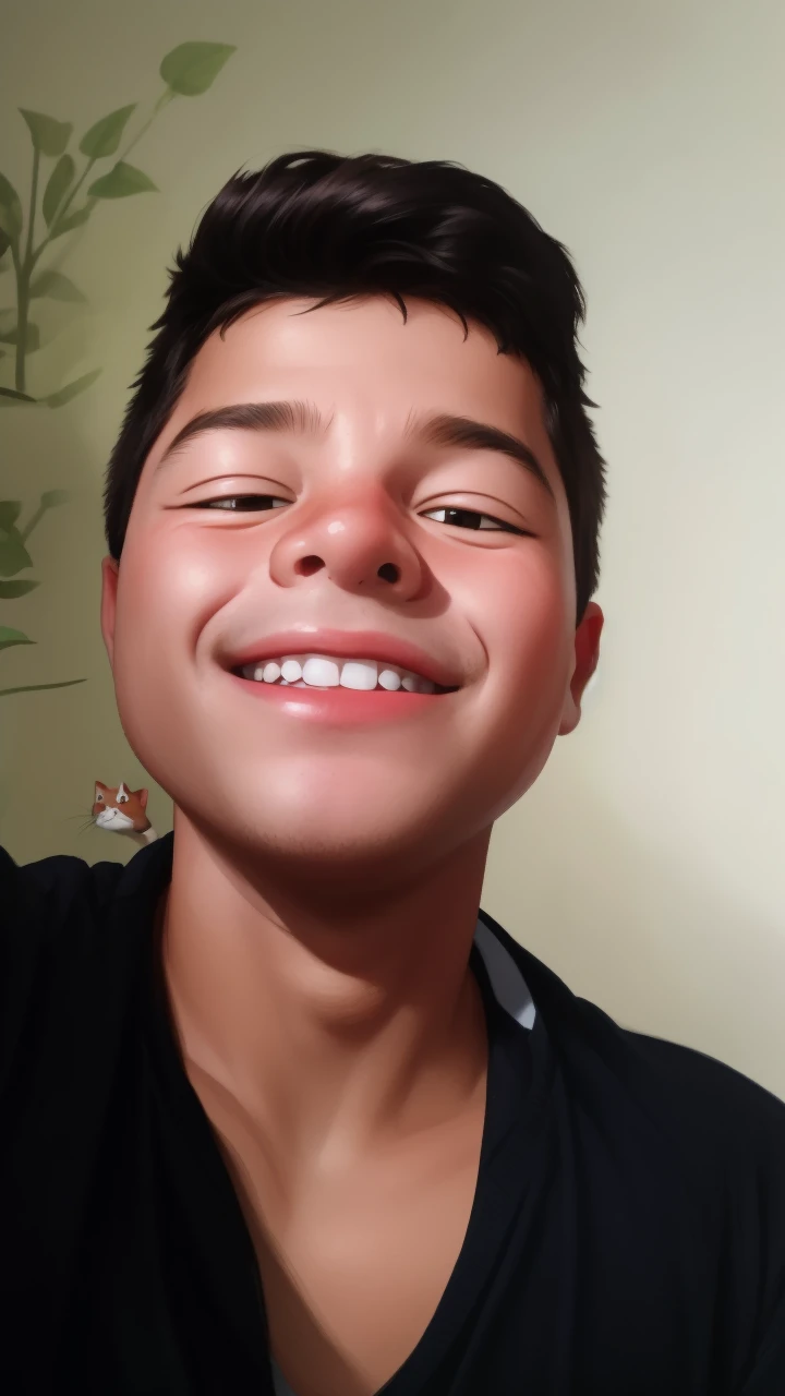 Realistic portrait of a seven-year-old boy, He wears a red shirt . His face is childish and exploratory . He goes out cautiously into the garden of the house,  A small cat is among the bushes and he touches it cautiously ,Not facing the camera,, Hair is untidy , 