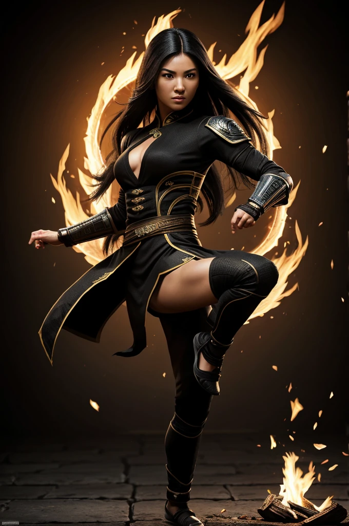 beautiful woman, a woman, Mortal kombat scorpion, whole body, long negro hair, beautiful thin face, Almond eyes, wide (negro). Scopan, Clothes, ninjas Cheongsam, Absolute resolution, high resolution, ultra detailed, arma kunai, kicking the air, intensely detailed fire, ninjas.