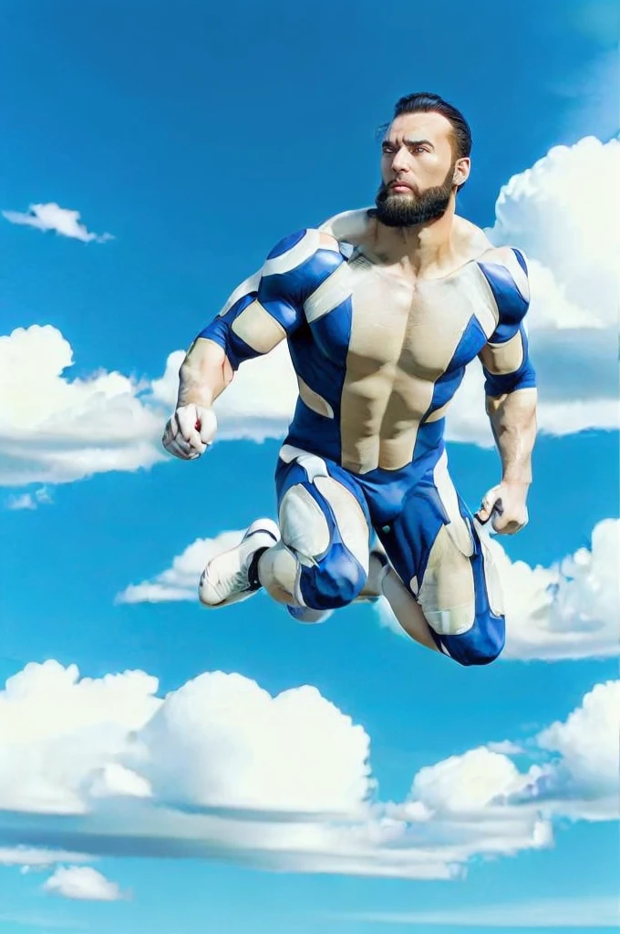 immortal, muscular, black hair, beard, bodysuit, looking at viewer, serious,flying, in air, action shot, blue sky, clouds, extreme detail, masterpiece,