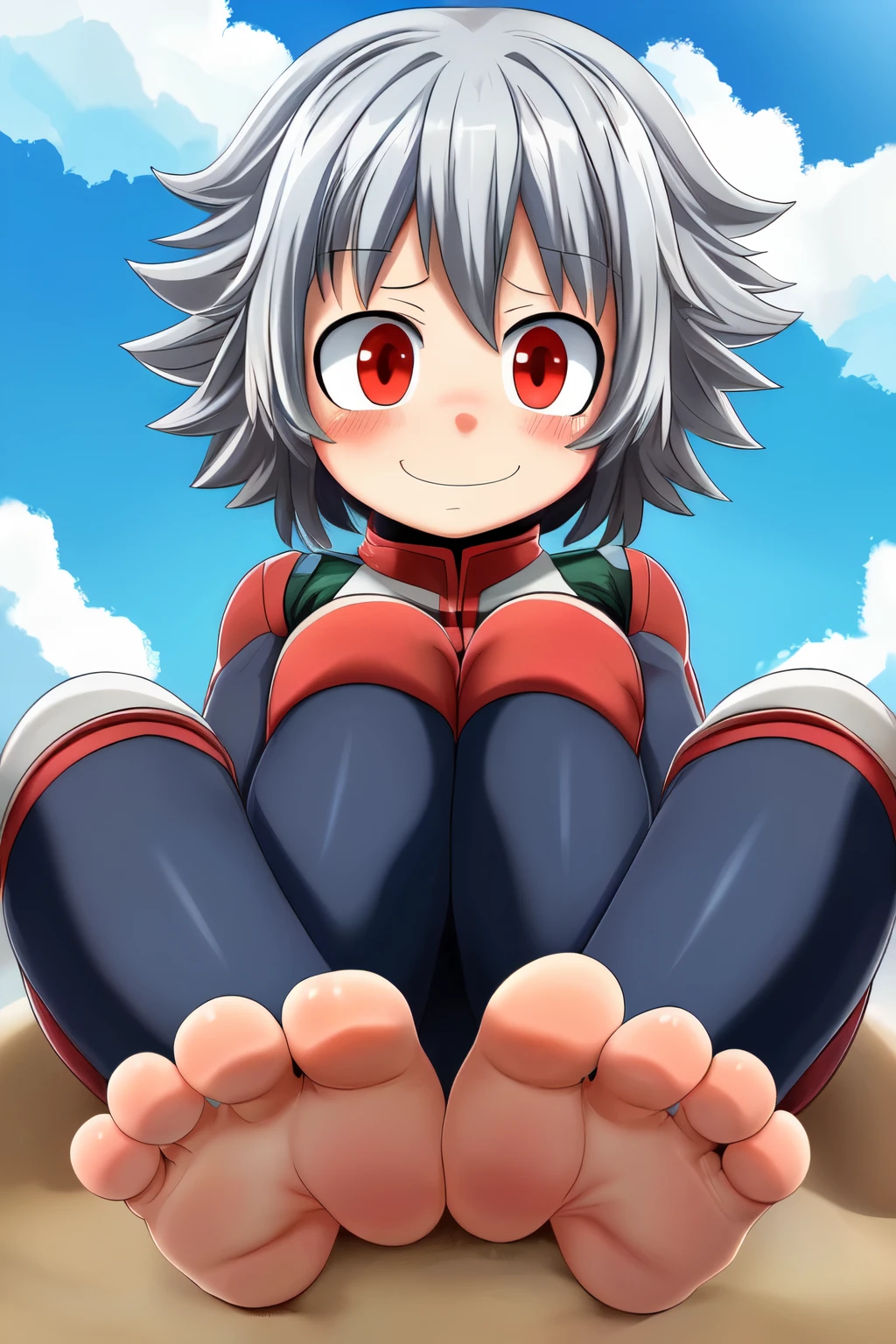 ((mejor calidad)), ((Small girl)), ((Pale blue-gray hair)),  ((Anime girl)), ((loli)), ((My Hero Academia)), ((Slight blush)), ((Small feet)), ((Soles)), ((little toes)), ((Five toes)), ((Shy smile)), ((Bare feet)), ((feet close up)), ((POV)), ((Bright red eyes color)), ((Five toes)), ((Two feet)), ((plain)), ((innocent-looking)).