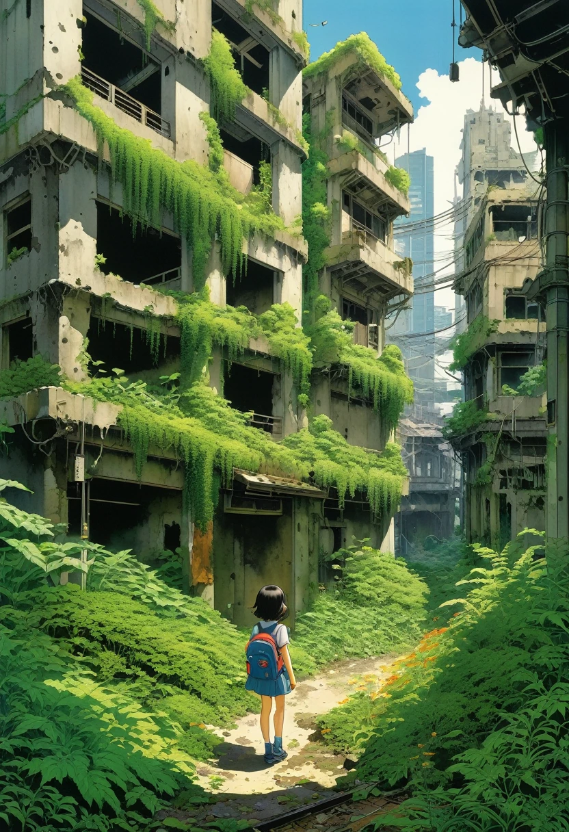 In a Katsuhiro Otomo-esque style, the young girl explores dilapidated ruins, with the crumbling Shibuya and overgrown s behind her, as she moves forward cautiously, glancing around her surroundings.