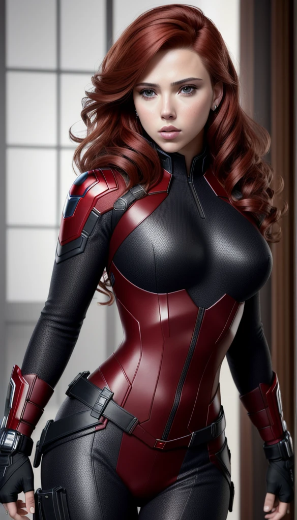 (masterpiece), (best quality), (photorealistic:1.3), 8k, detailed skin texture, detailed cloth texture, beautiful detailed face, intricate details, ultra detailed, scarlett johansson, Black Widow in the style of the Captain America, straight red hair, (full-length body:1.2)