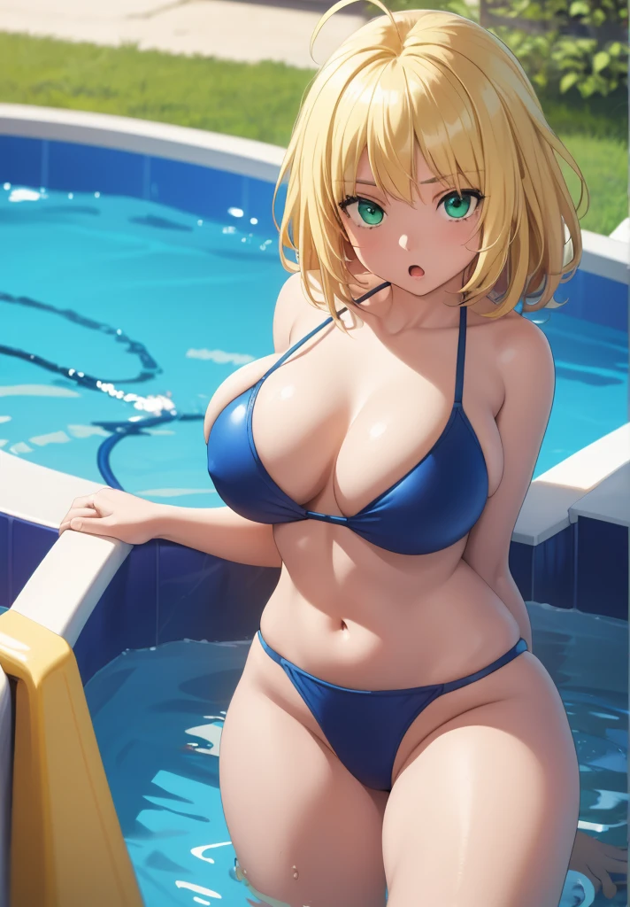 1girl,masterpiece, best quality, high resolution, green eyes, blue school swimsuit, school swimsuit, big breasts, nice breasts, pretty, blonde hair, blonde, ahoge hair swimming pool, pool :o