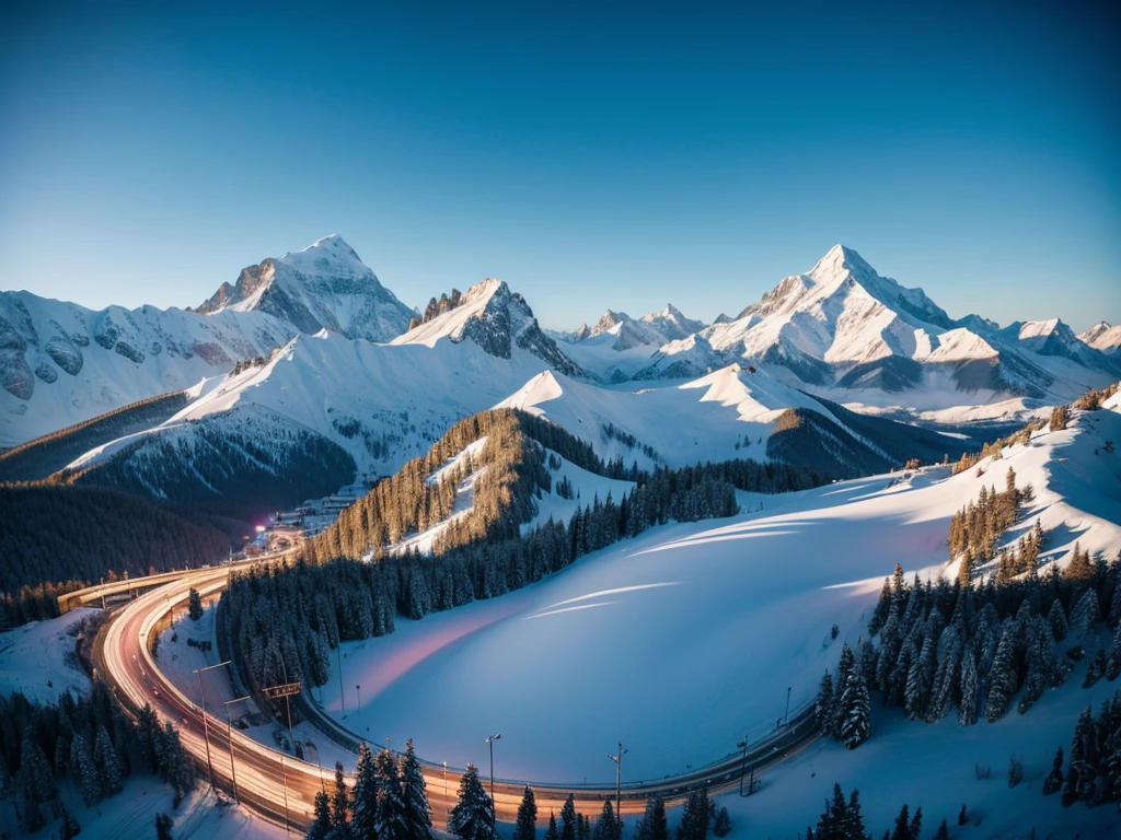 8K HD quality,Forest snow mountain city high-rise street is frozen