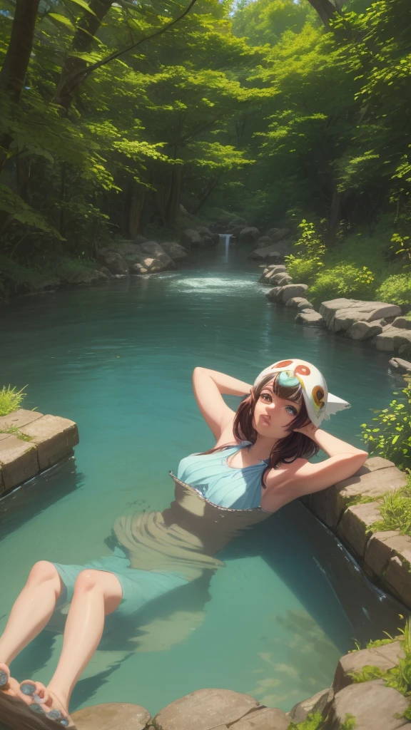 Precision,detailed,dynamic,official art, unity 8k wallpaper, Super detailed, beautiful, beautiful, masterpiece, highest quality, studio ghibly style mononoke, artwork in the style of Gweiz, princess mononoke inspired, Gweiz, Gweiz on artstation pixiv, Gweiz on pixiv artstation, mononoke, in a hot springs, in the water, looking at viewer
