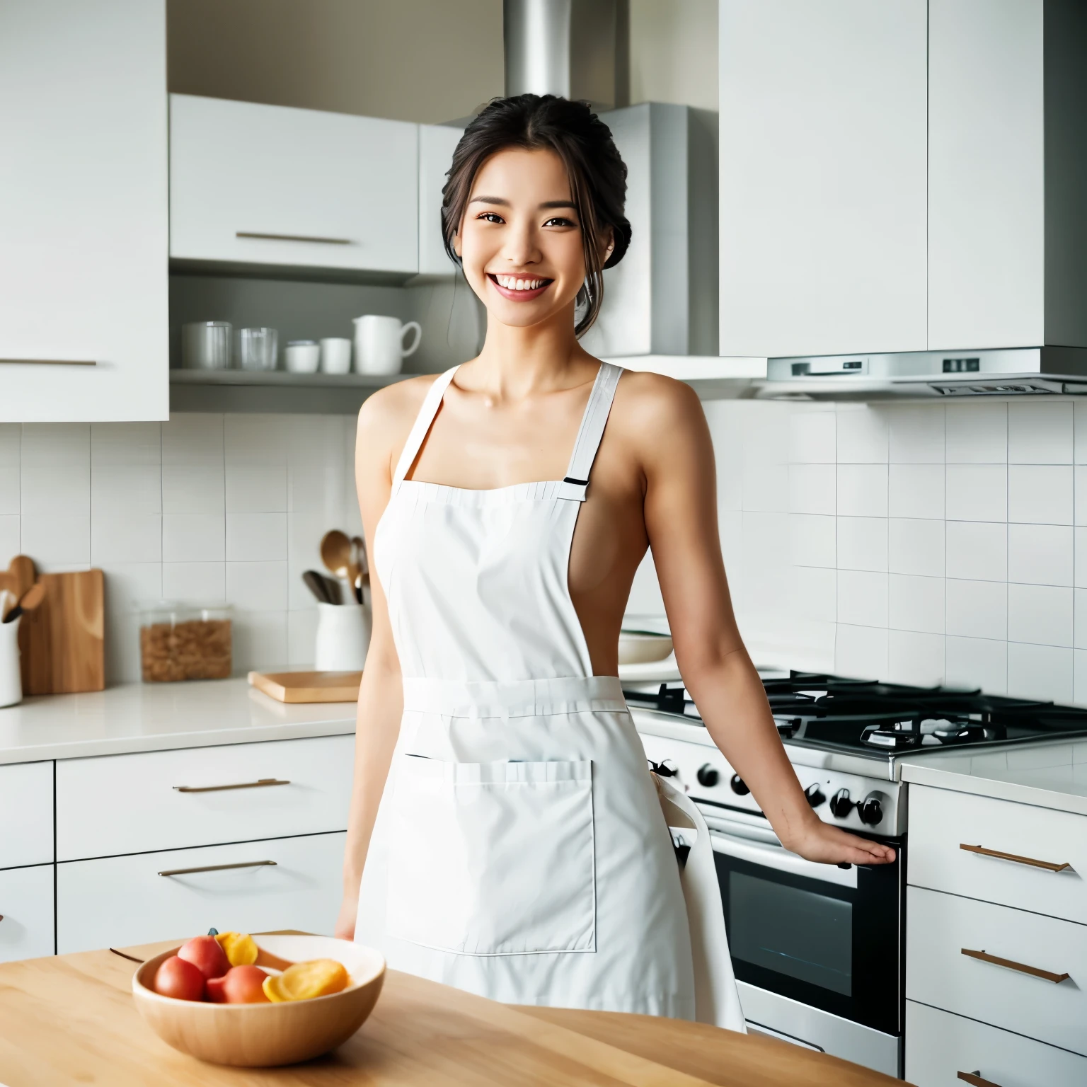 (table top、highest quality、8K、Award-winning work、ultra high resolution)、one beautiful woman、(wearing the most natural and perfect apron:1.1)、(naked apron:1.2)、(Look at me with your best smile:1.1)、(Show your beautiful teeth and have the best smile:1.1)、perfect beautiful teeth、emphasize body line、(bust up photo:1.1)、(upper body photo:1.2)、(big breasts:1.1)、(The most natural and practical kitchen:1.1)、(Perfectly organized and clean kitchen:1.1)、(modern and elegant kitchen:1.1)、(Perfect kitchen with state-of-the-art induction:1.1)、(Beautiful modern kitchen with a unified feel:1.1)、(very bright:1.2)、(Very bright and glowing skin:1.1)、It's very vivid、the most vivid、High chroma、radiant beautiful skin、A refreshing and beautiful perfect window、ultra high resolutionのperfect beautiful teeth、(Ultra high definition glossy skin:1.1)、(very brightly lit、明るい and glowing skin:1.2)、Super high-definition sparkling eyes、(accurate anatomy:1.1)、(the most elegant and perfect posture:1.1)、short hair