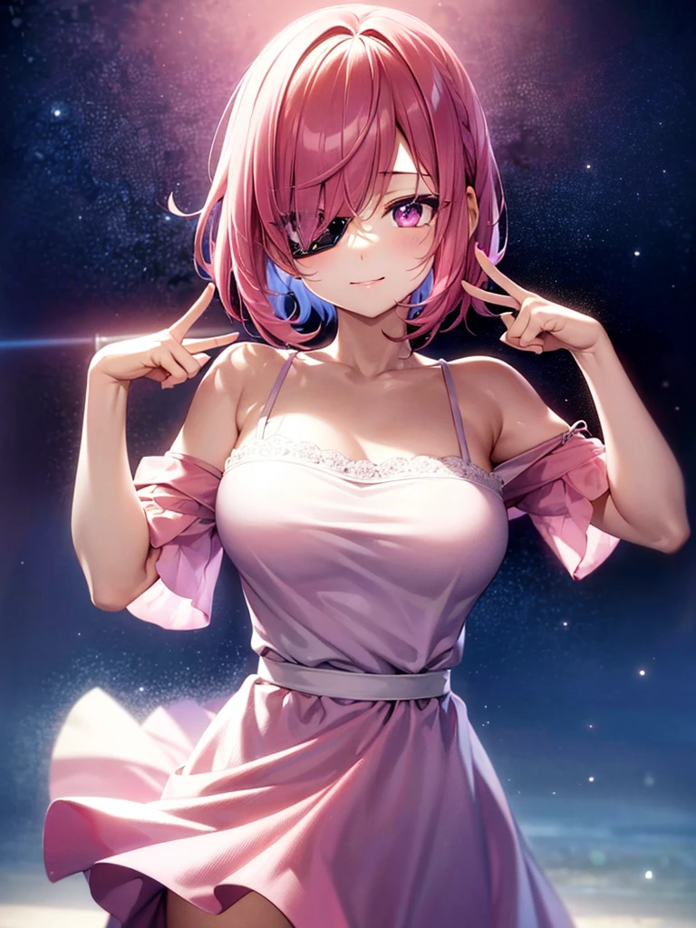 1girl, portrait, loli anime girl with short pink hair wearing maid outfit, pink hair with blue gradient shades, pink eyes, close up face, detailed eyes, detailed hair, emotional lovely happy expression, crystal glowing eyes, cinematic lighting, extremely detailed body, face, clothes, (best quality,4k,8k,highres,masterpiece:1.2),ultra-detailed,ultra HD, masterpiece, very very anime style, bokeh, starry shining lighting, original characters