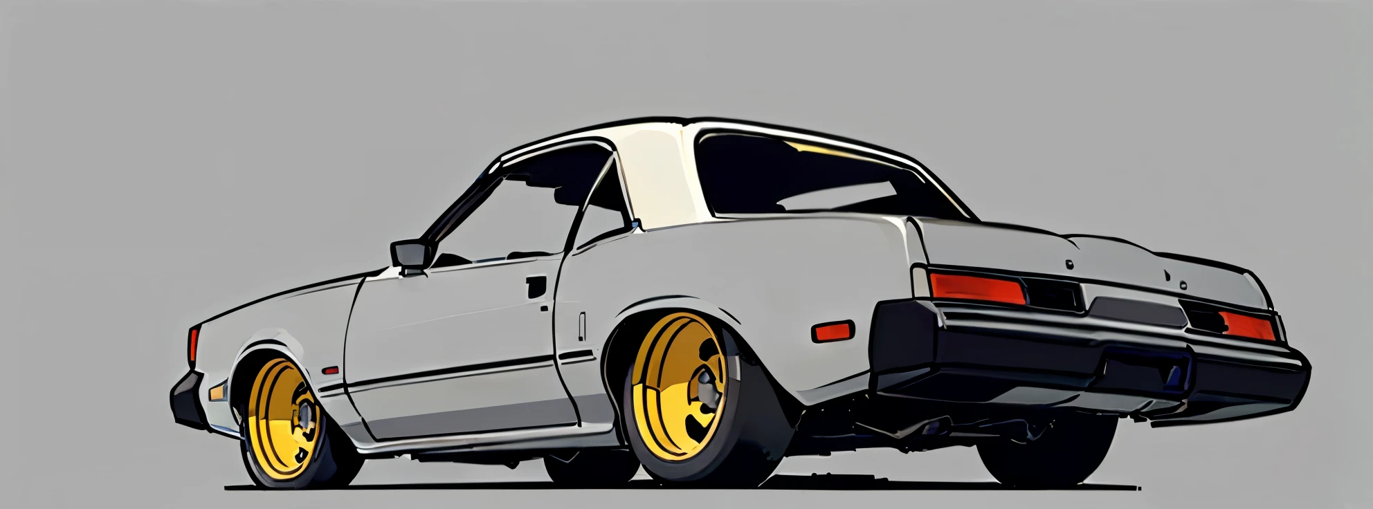 Dark Taupe  colored 1986 oldsmobile cutless , pop art, cartoonish style , sketch, detailed illustration, large wheels, slammed to the ground, wide bodykit, masterpiece, highly detailed ((([simple  grey background])))
