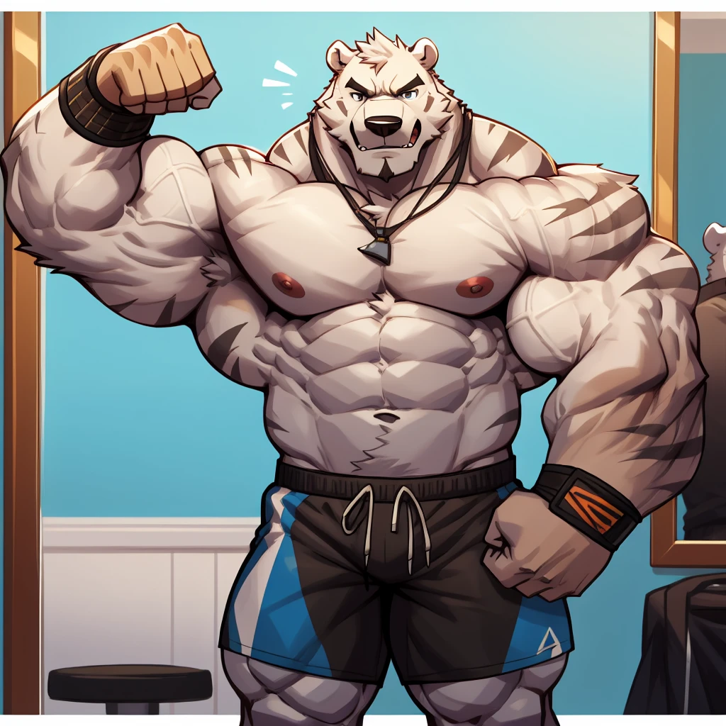 Huge muscular thick white Polar Bear bodybuilder huge white arctic fur shirtless in blue gym shorts and wristbands flexing, grunting and posing his chests at the mirror looking at his muscles really really pumped up hardcore.
