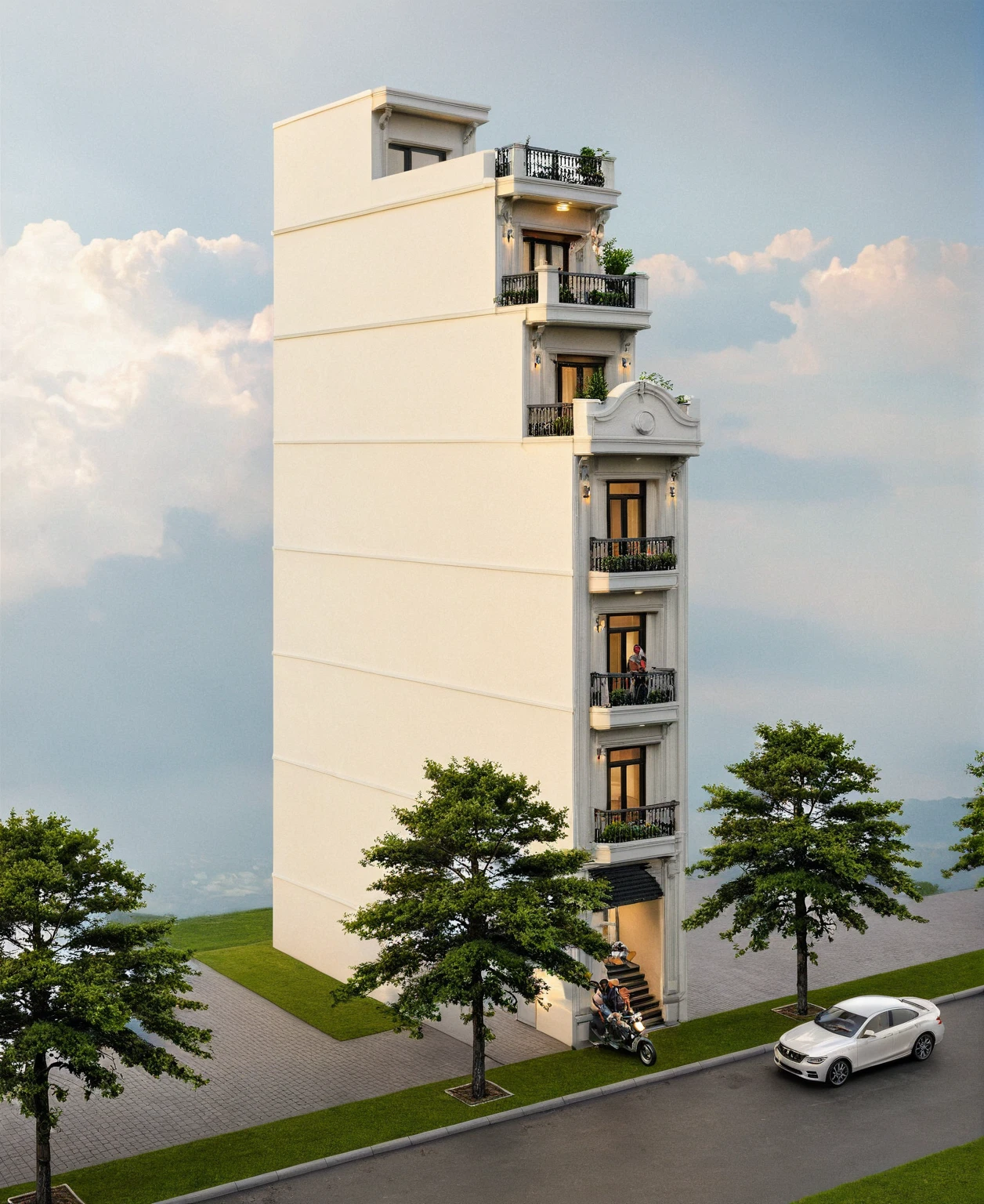 Raw photo,Masterpiece, high quality, best quality, authentic, super detail,
exterior, outdoors, house style neoclassic on the street ,aiaigroup, car, human, man, girl, motobike
road,pavement, grass, trees, sky, cloud, (day:1.1)