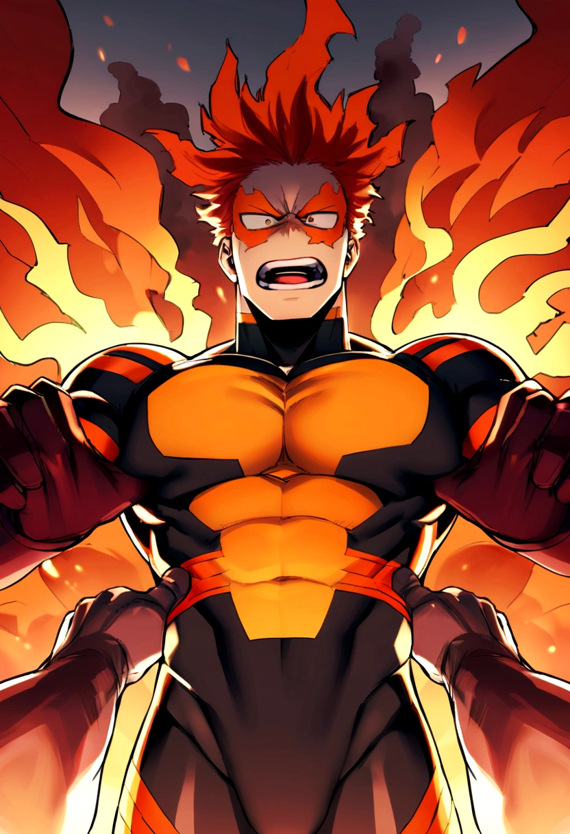 Endeavor, my hero academia, from front, super fine, bodysuits, middle-aged man, hunk, looking down and mouth wide open with shocked face, groin grabbed, groin squeezed,