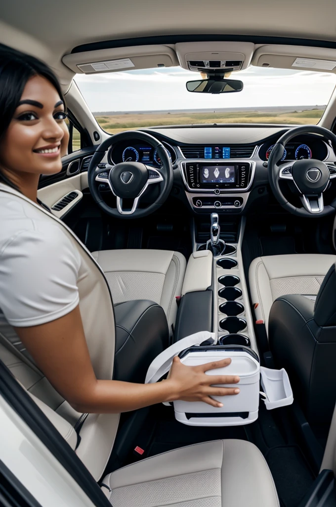 The interior of a car with a person driving and who has a white cooler in the passenger seat 
