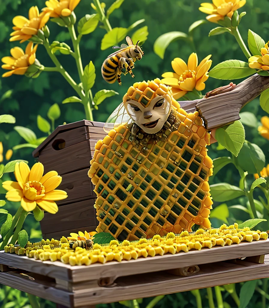 A beekeeper, harvesting honey, with bees buzzing around blooming flowers.