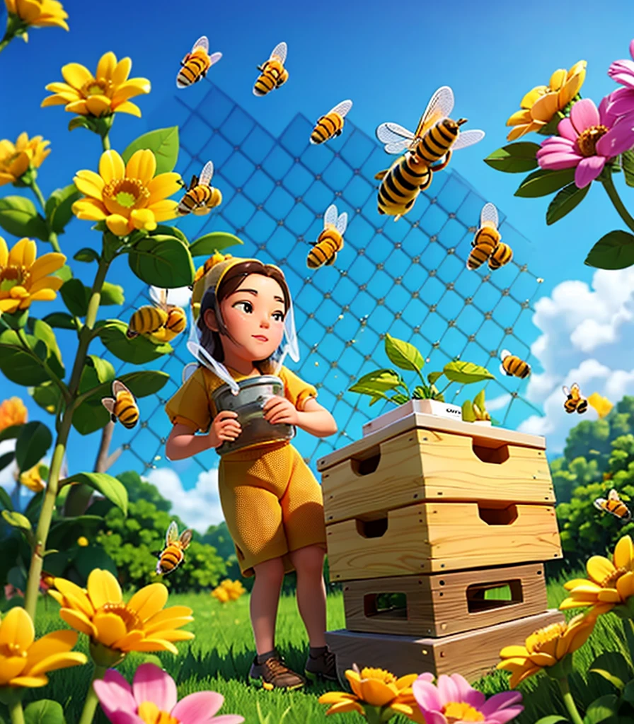 A beekeeper, harvesting honey, with bees buzzing around blooming flowers.