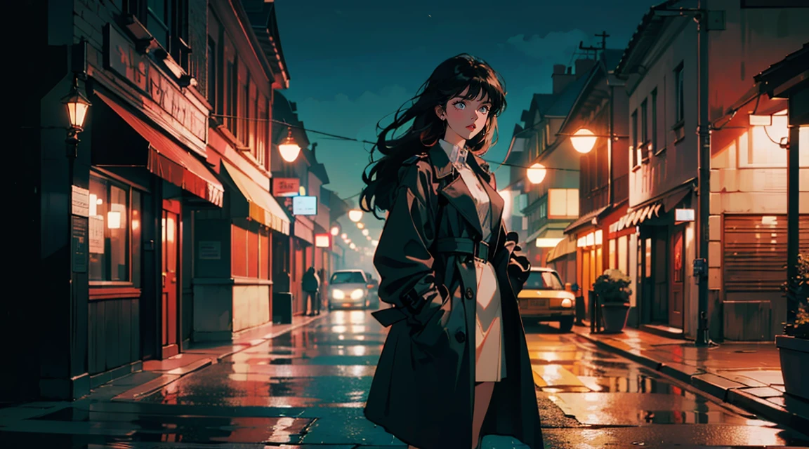 streetlight at night, European cityscape, corridor, Classic atmosphere, Adult woman with long hair wearing a trench coat, ,Perfect Face, Looking Away, (Backlight: 1.1), A scene from a movie, Soft Shadows, masterpiece, Highest quality, Complex, Model shooting style, Vintage, Film Grain, Wide shot wet hair、Red lipstick、((Blue tones))