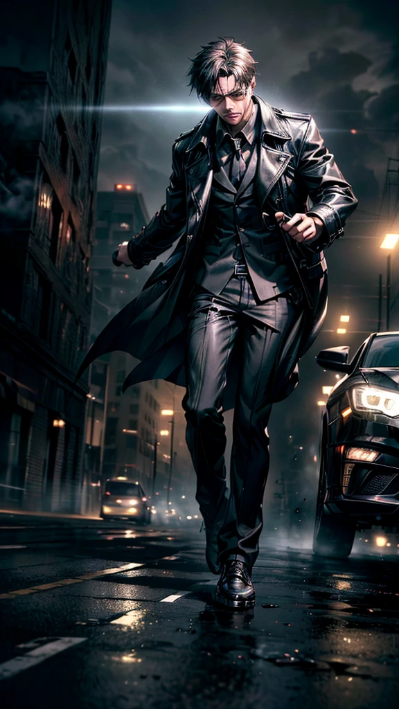 A man in a black trench coat jumps over a car、Run away from、Cinematic lighting、Dramatic Pose、High-speed motion blur、Gritty urban setting、Moody color palette、Chiaroscuro lighting、(Highest quality、4K、8K、High resolution、masterpiece:1.2)、Super detailed、(Realistic、フォトRealistic、フォトRealistic:1.37)