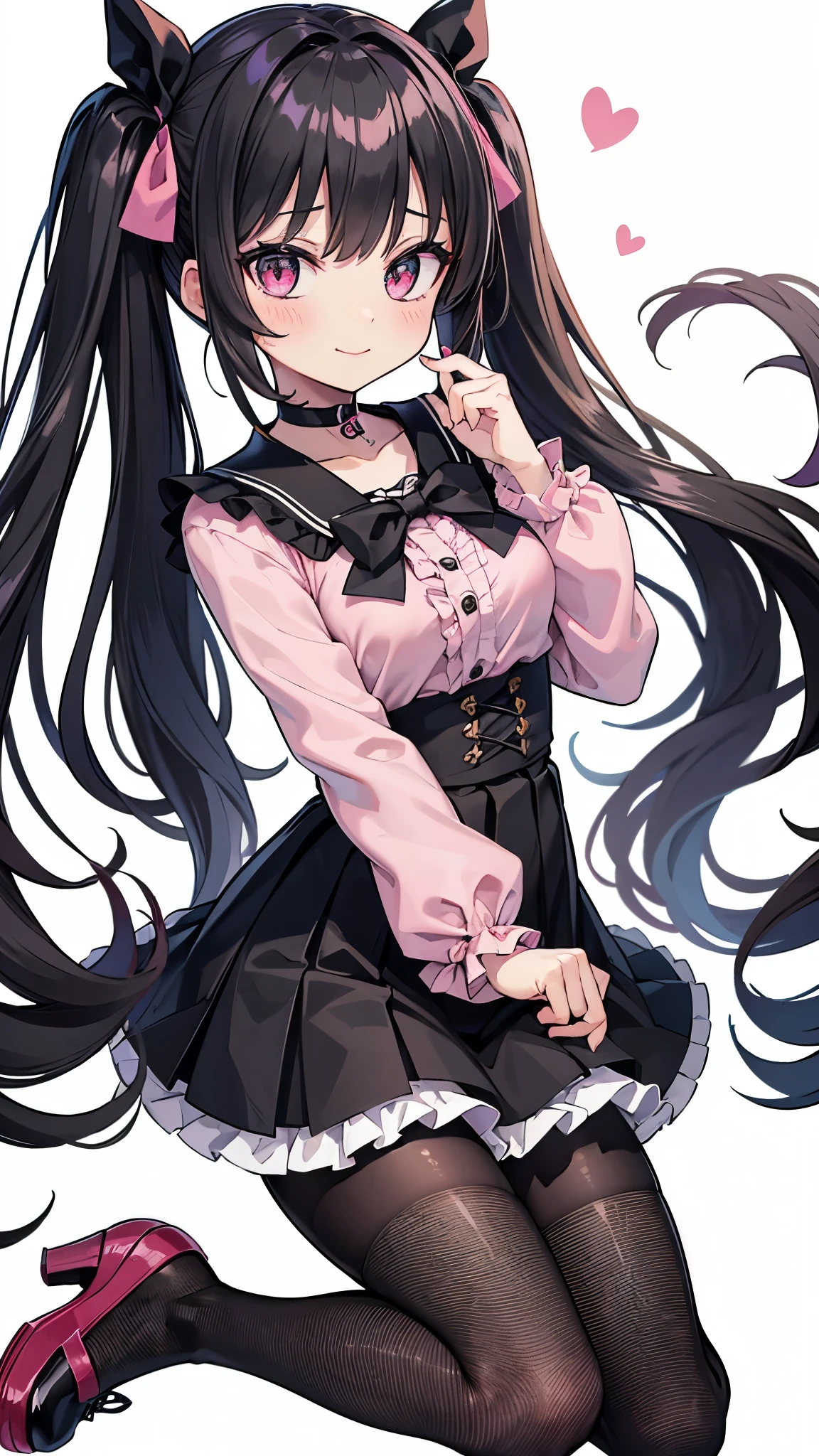 masterpiece, Highest quality, One girl, 一人in, length_hair, Looking_in_Audience, 前hair, skirt, pinkshirt, black_hair, length_sleeve, bow, ribbon, Twin tails, hair_bow, heart, pantyhose, Frills, shoes, choker, dull_前hair, black_skirt, black_eye, blackいFrillsの_skirt, pink_bow, Fishnet tightss,pink_shirt, Fishnet tights_pantyhose, plinform_footwear,, jirai_where,((White background)), wariza, A light smile