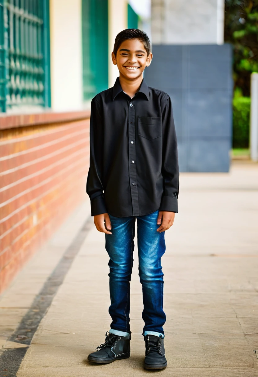 Full body photo of a 12year old male student standing and smiling outside the school, black shirt, eyes looking straight down the lens, shoes visible, Sony A1 24mm lens, daylight