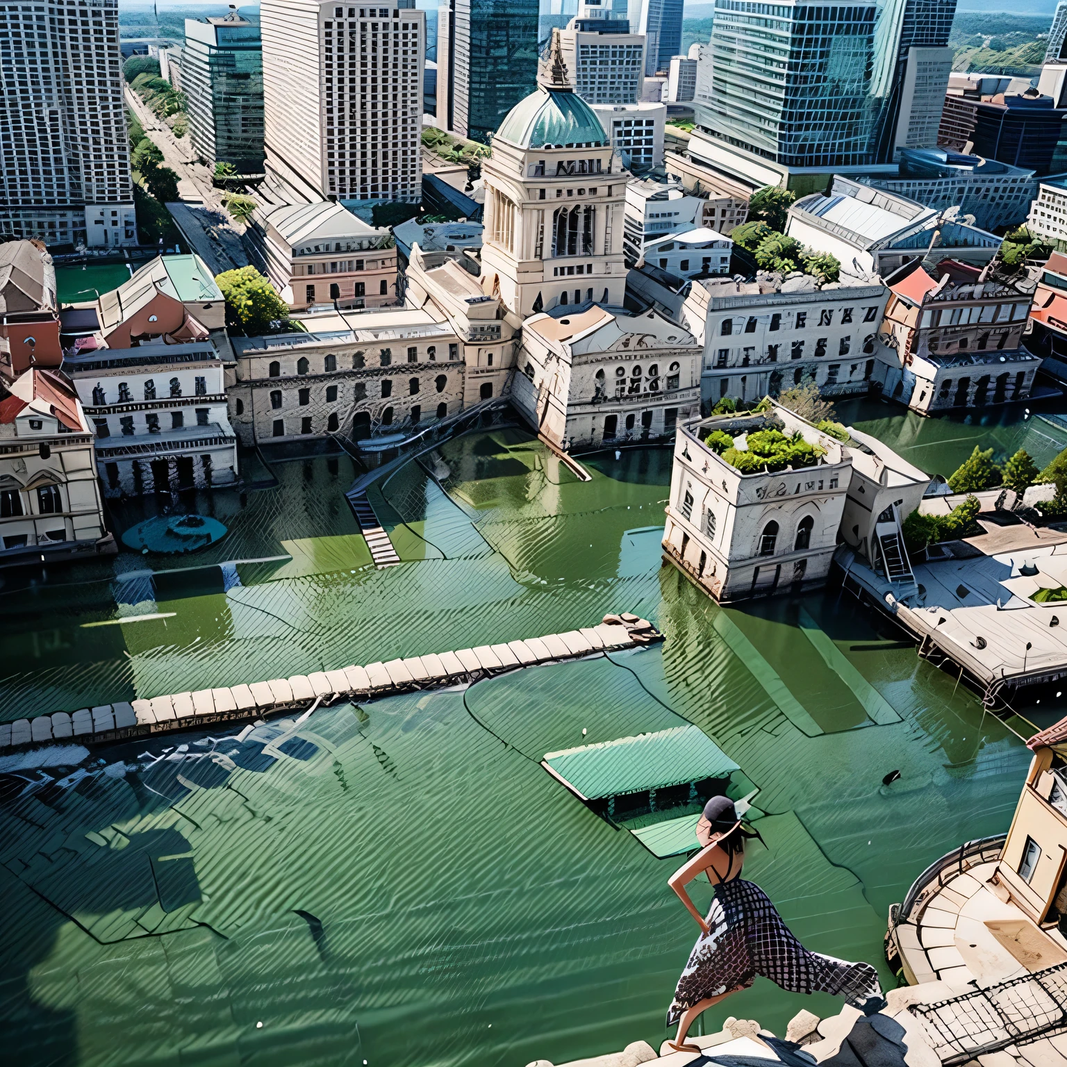 best quality, ultra-detailed, buildings, (1girl, pond)