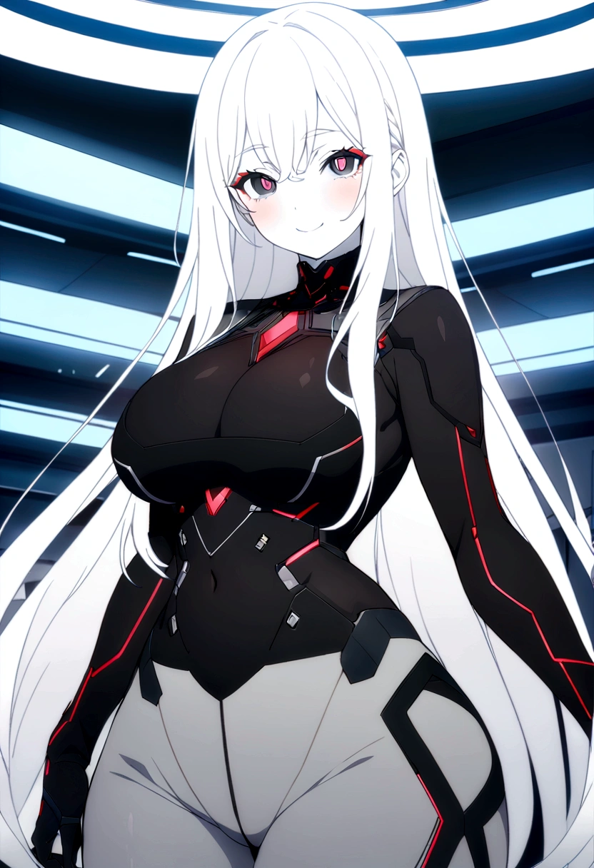 Masterpiece, High quality, High quality of art, anime lineart, 1girl,white hair, black eyes, white eyebrow, red eyeshadow, Tall, black cyber clothers, light gray cyber pants, big hips, big chest, very blush, white hearts in eyes, in future base, looking at viewer, smile, white skin