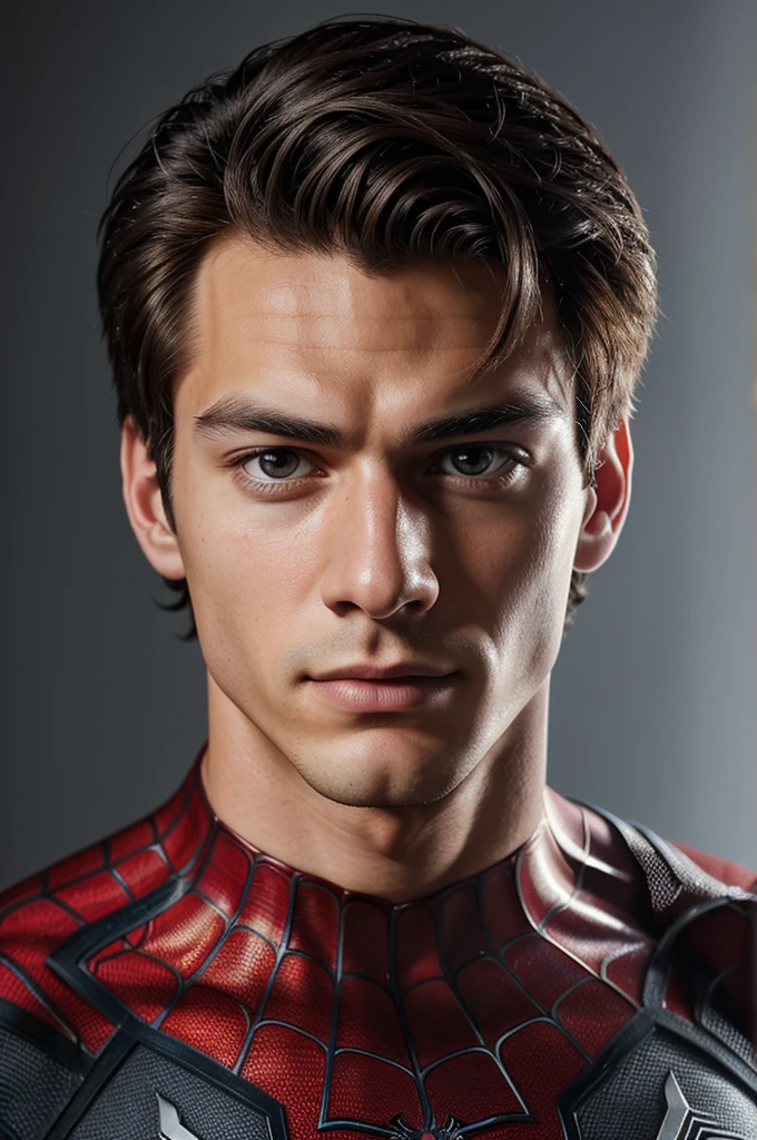 A photograph of spider man, no mask, 20 yo, handsome, detailed face, looking at camera, portrait, 8k uhd, high quality