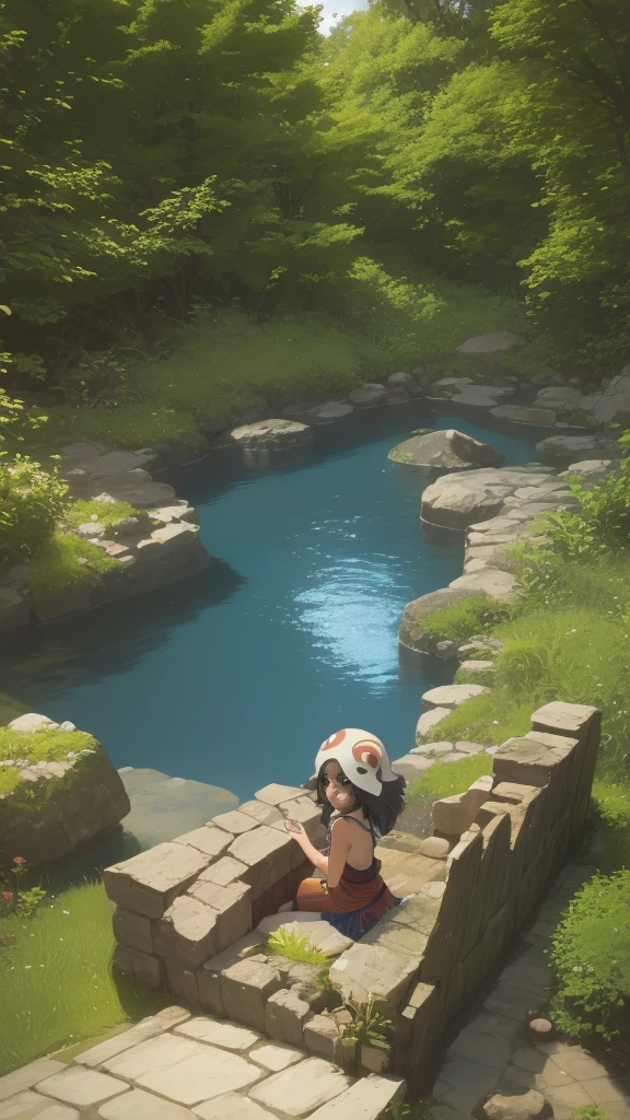 Precision,detailed,dynamic,official art, unity 8k wallpaper, Super detailed, beautiful, beautiful, masterpiece, highest quality, studio ghibly style mononoke, artwork in the style of Gweiz, princess mononoke inspired, Gweiz, Gweiz on artstation pixiv, Gweiz on pixiv artstation, mononoke, in a hot springs, in the water, looking at viewer