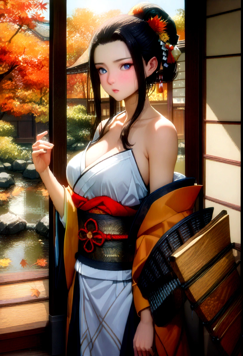 (Tabletop:1.Photorealistic:1.4, 8K), Highest quality, masterpiece, Ultra-high resolution, Professional camera work, Grow light effect, Realistic raw photos, Cinematic Light, Highly detailed skin and facial textures:1.3, Ultra-detailed, Detailed eyes, Detailed limbs, Perfect Dynamic Diagram, (A Japanese-style room overlooking a Japanese garden in autumn, Formal hanging scroll:1.2, Traditional Culture:1.5), One Girl, Age 25, Cute sexy slim japanese woman, Fair skin, (A dreamy look:0.9, Totally captivates you:1.0), (Dressed in full samurai armor:1.32 Off Shoulder), (Ample breasts:0.9), (Buckshot, Calm pose), (Beautiful Blue Eyes, Beautiful erotic eyes:0.85), Sexy Face:0.4, (A taste that exudes beautiful eroticism:0.85), ((Too cute beauty:0.9))