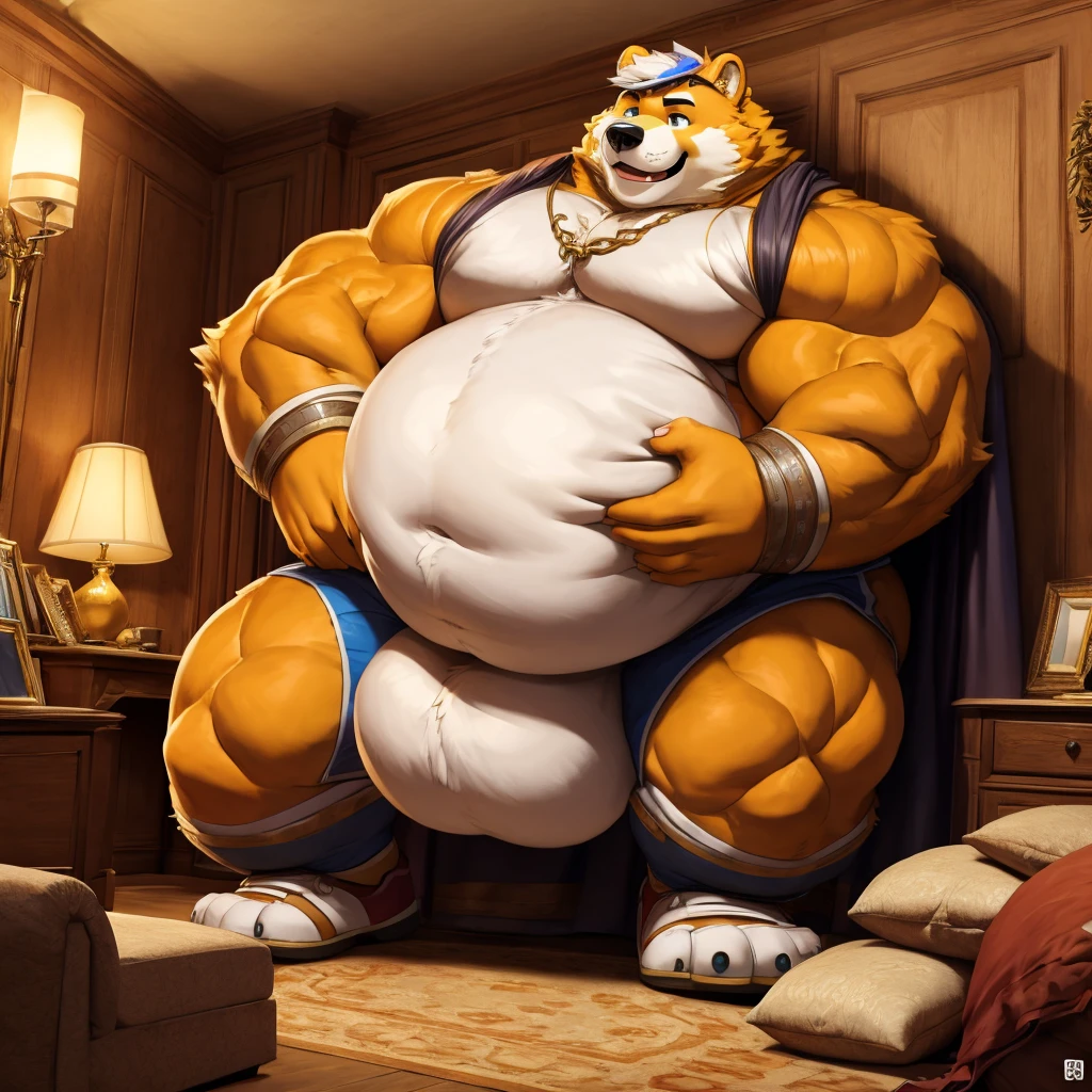 Huge Bear Boy,  chubby，shirtless， alone， detailed， high resolution，， Masterpiece，Obesity in the extremities.，Over weight，Peter Junior，people,  in his room inspecting his enormous body, HIS BIG PENIS AND BIG BALLS, Boy hero of the people