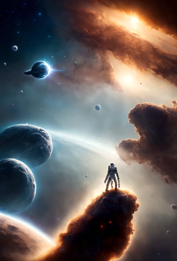 (best quality, 4K, 8K, A high resolution, Artwork:1.2), (realistic, photorealistic, photorealistic:1.37), astronaut floating in space, in the background we have a black hole and some stars, science fiction, Retro technology futuristic, starry fog, exploration, adventure, mystery, Galactic environment, exalted, isolated heroine, interstellar travel, dramatic contrast, distant planets, majestic face, science fiction fashion, smoke and fog effects, contrasting textures, timeless beauty