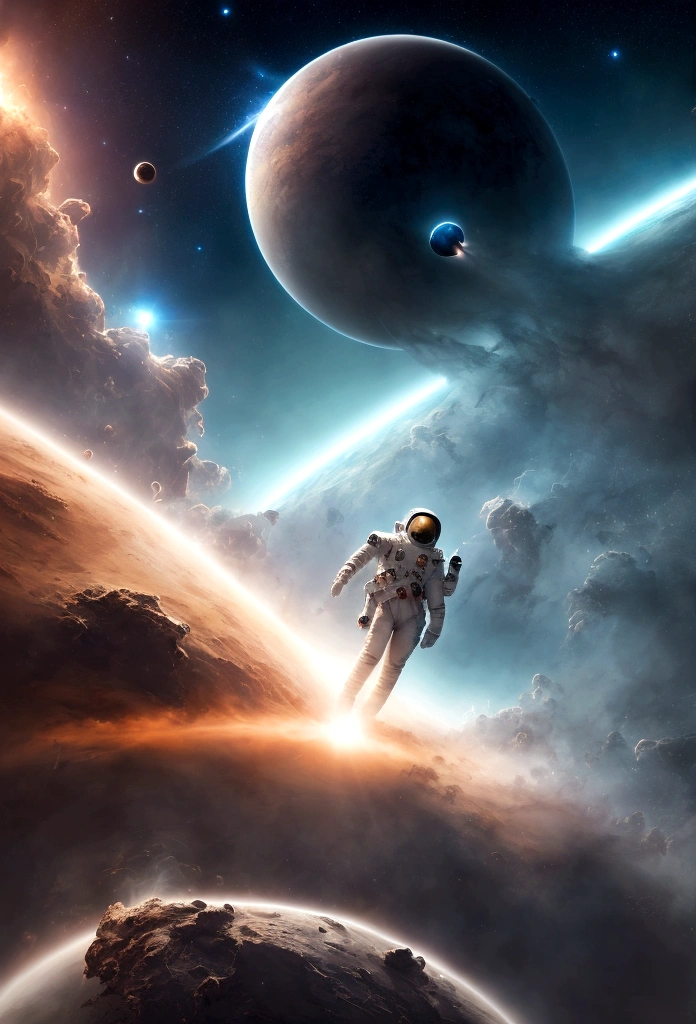 (best quality, 4K, 8K, A high resolution, Artwork:1.2), (realistic, photorealistic, photorealistic:1.37), astronaut floating in space, in the background we have a black hole and some stars, science fiction, Retro technology futuristic, starry fog, exploration, adventure, mystery, Galactic environment, exalted, isolated heroine, interstellar travel, dramatic contrast, distant planets, majestic face, science fiction fashion, smoke and fog effects, contrasting textures, timeless beauty