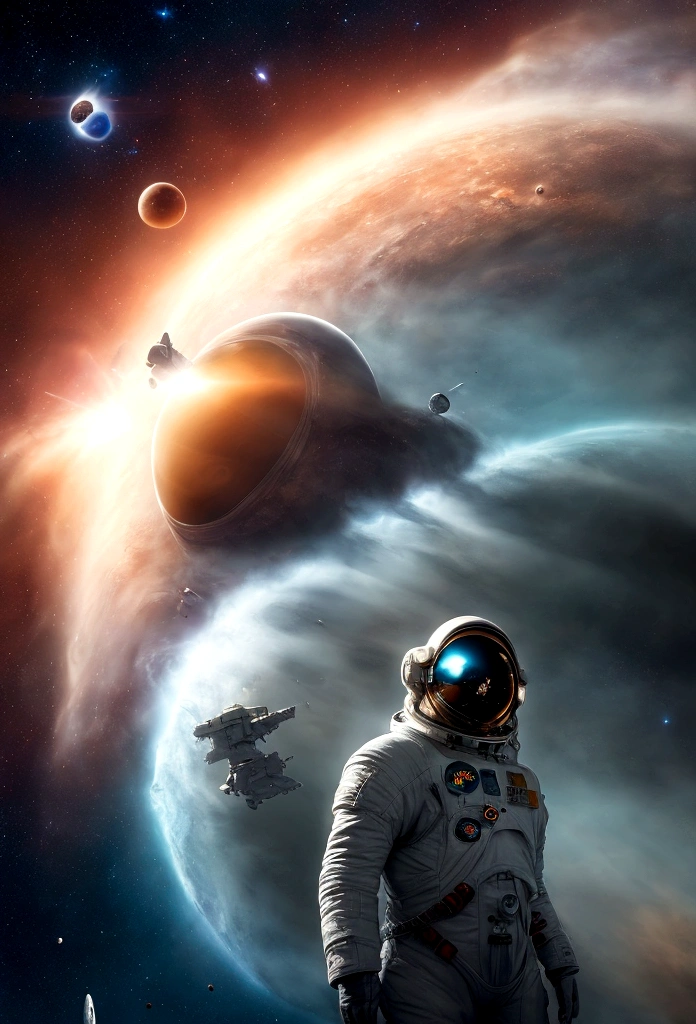 (best quality, 4K, 8K, A high resolution, Artwork:1.2), (realistic, photorealistic, photorealistic:1.37), astronaut floating in space, in the background we have a black hole and some stars, science fiction, Retro technology futuristic, starry fog, exploration, adventure, mystery, Galactic environment, exalted, isolated heroine, interstellar travel, dramatic contrast, distant planets, majestic face, science fiction fashion, smoke and fog effects, contrasting textures, timeless beauty