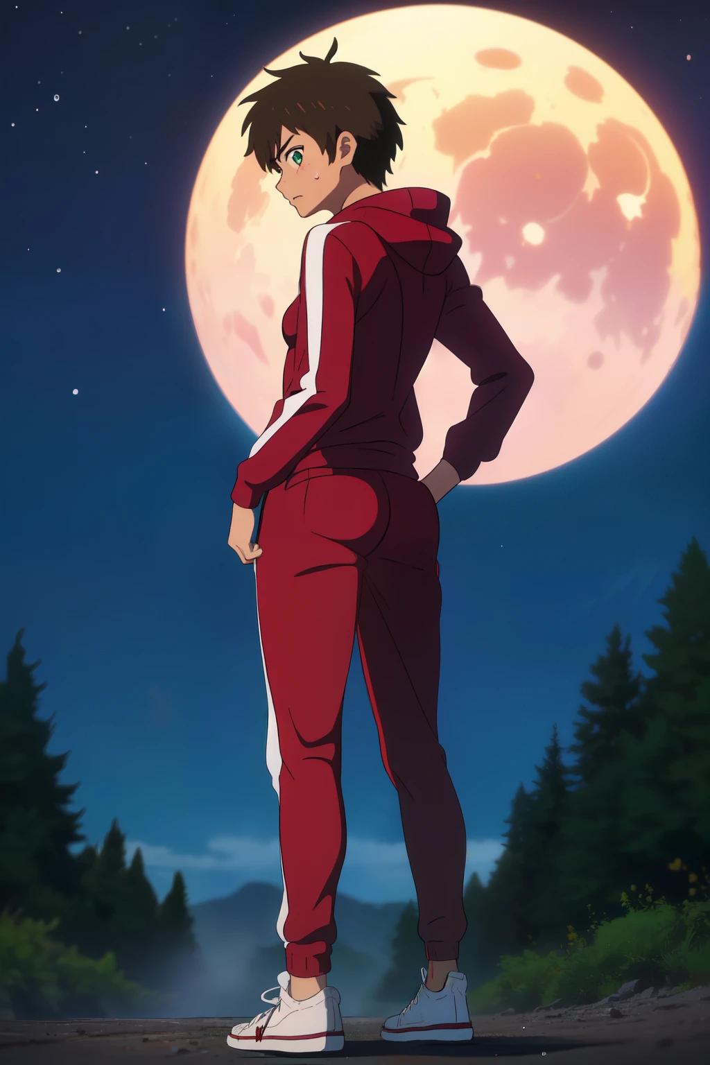 (((Ultra-Detailed, Best Quality, Ultra-Realistic, High Quality))), (((Atsushi Ohkubo Art Style))), (Standing, Bent Forward, Hands On Hips, Pulling Up His Pants), (Ass View, Back View, Behind View, Booty View, Butt View, Calf Close-Up, Full Body, View From Below Looking Up At The Rear,) (Alone), (Single), (Solo), ((Male)), ((1 Boy)), (Single Boy), ((Young Boy)), ((Teenage Boy)), ((Teenager)), ((15 Years Old)), ((High School Boy)), (Tracksuit Boy), ((Slender Body, Skinny Body, Tan Skin Color)), (Petite Butt), (Bubble Butt), (Sexy Butt), (Butt Cleavage), ((Short Hair, Messy Hair, Brown Hair)), ((Green Eyes, Almond Shaped Eyes, Anime Eyes)), ((Detailed Face, Round Face, Small Nose, Blushing)), (He Looks Concerned At What's Going On), ((Loose-Fitting Burgundy Tracksuit Sweatpants, Burgundy Hoodie, Black Converse Sneakers)), (Sagging Sweatpants), [Background; (Dark Forest), (Foggy), (Full Moon), (Night Sky), (Scary Ambient Lighting)]