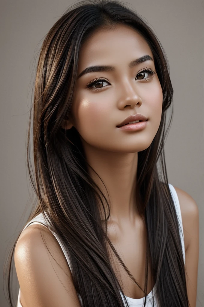 create a drawing/Black and white portrait, of a girl with light brown skin, with shiny brown Chinese hair, with somewhat prominent lips