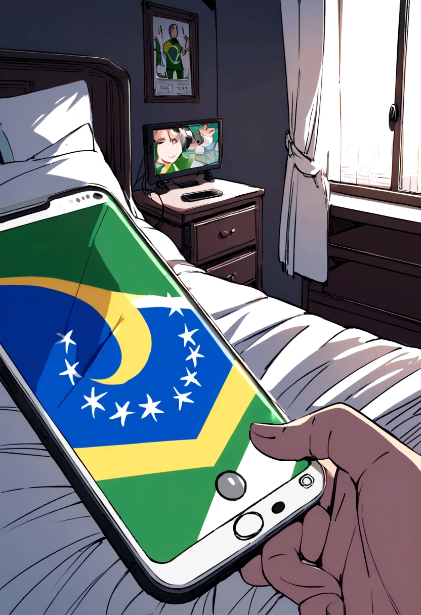 smartphone playing music and the Brazilian flag on the screen near the headphone on the bed