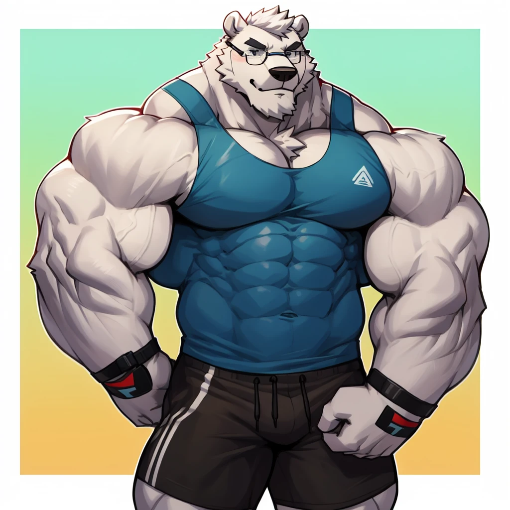 solo, 1boy, Huge Muscular White Polar Bear wearing glasses, huge white fur, pectoral, huge pectoral, wide pectoral, short white hair, blue colored short pants, blue colored wristbands and blue colored tank top, white bearded, white Mustache, white fur, simple background, masterpiece, high detailed, 8k, high resolution, at the gym, flexes huge muscles