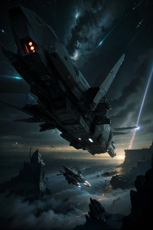 A spaceship is flying over a hostile and stormy infinite universe