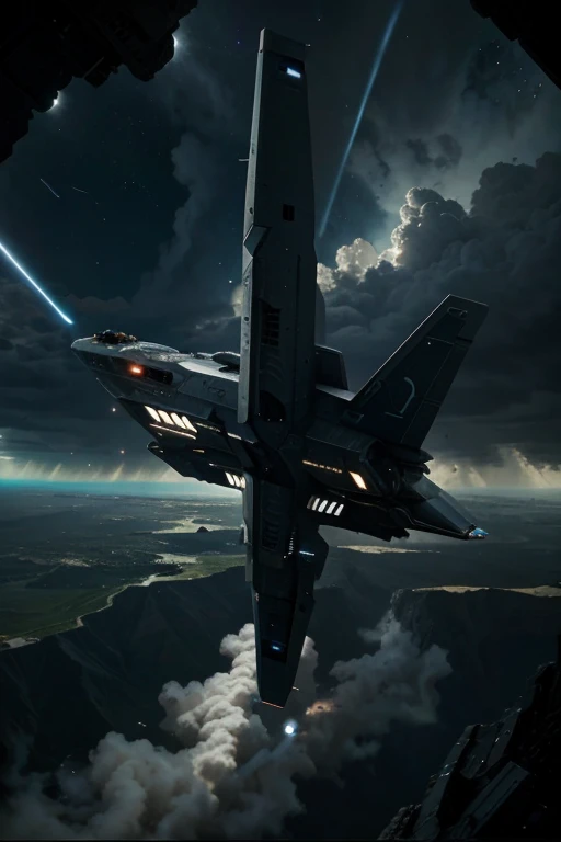 A spaceship is flying over a hostile and stormy infinite universe