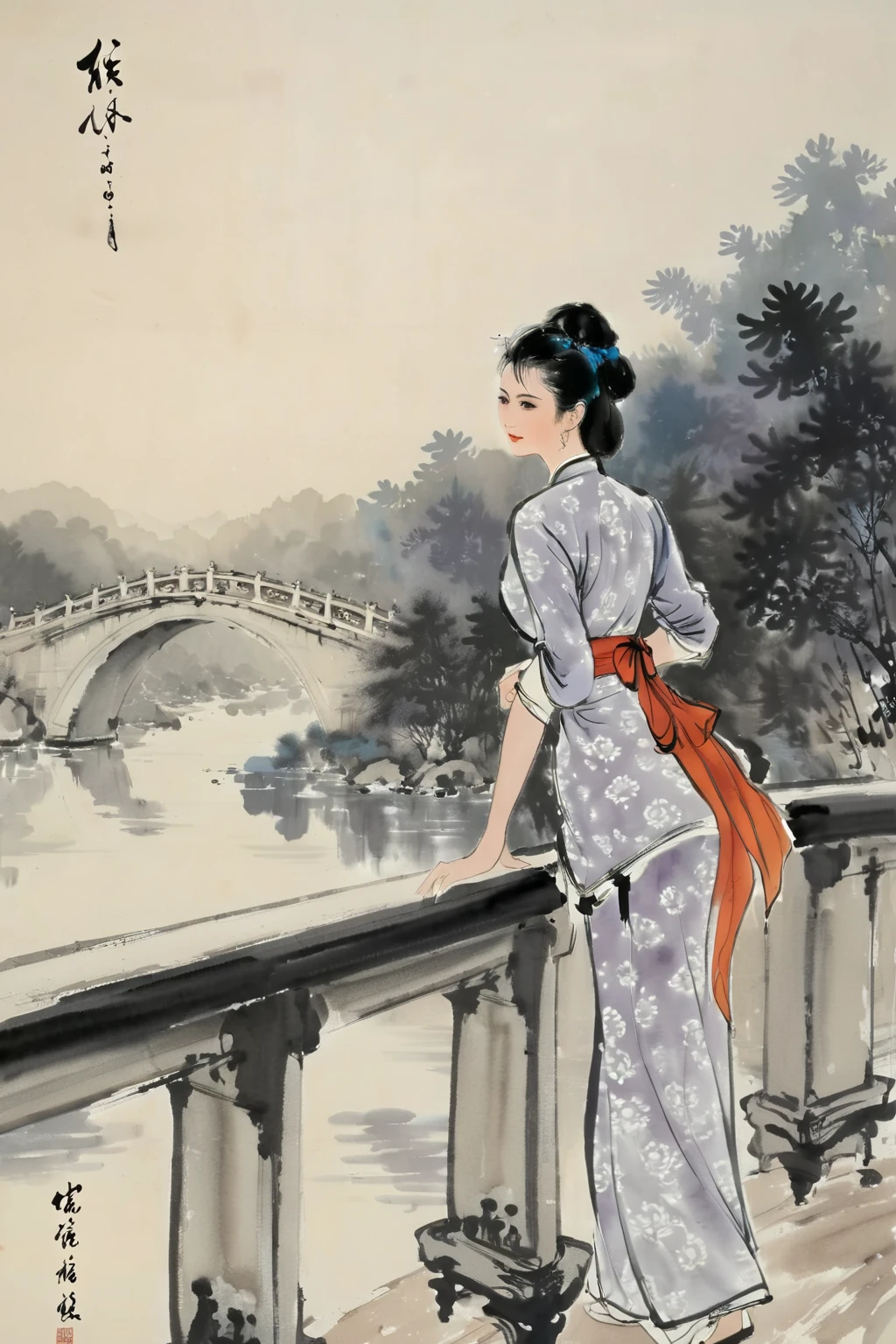 Chinese Ink Painting, traditional media, liujiyou, 1 girl, Solitary, Wearing cheongsam, Standing on the bridge,  