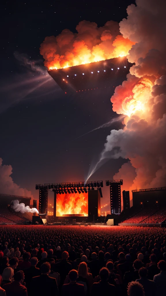 The huge concert stage was on fire, with smoke billowing into the night sky.