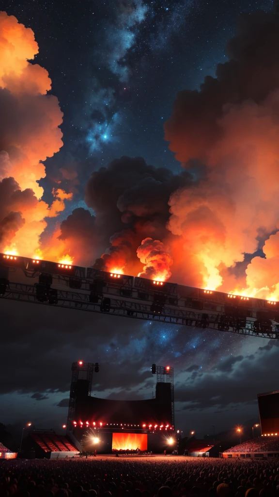 The huge concert stage was on fire, with smoke billowing into the night sky.