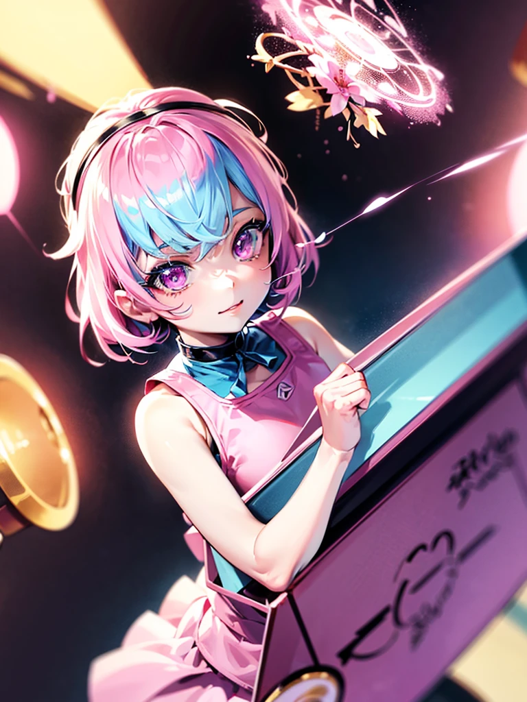 1girl, portrait, anime girl with short pink hair wearing maid outfit, pink hair with blue gradient shades, pink eyes, close up face, detailed eyes, detailed hair, emotional lovely happy expression, crystal glowing eyes, cinematic lighting, extremely detailed body, face, clothes, (best quality,4k,8k,highres,masterpiece:1.2),ultra-detailed,ultra HD, masterpiece, very very anime style, bokeh, starry shining lighting, original characters
