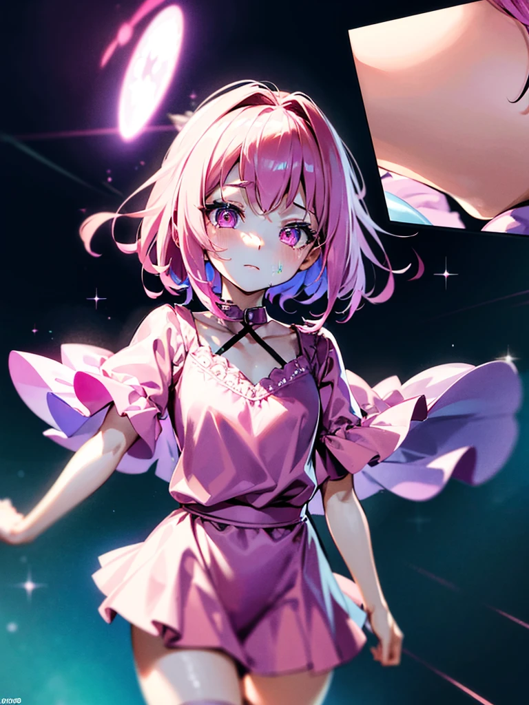 1girl, portrait, anime girl with short pink hair wearing maid outfit, pink hair with blue gradient shades, pink eyes, close up face, detailed eyes, detailed hair, emotional lovely happy expression, crystal glowing eyes, cinematic lighting, extremely detailed body, face, clothes, (best quality,4k,8k,highres,masterpiece:1.2),ultra-detailed,ultra HD, masterpiece, very very anime style, bokeh, starry shining lighting, original characters