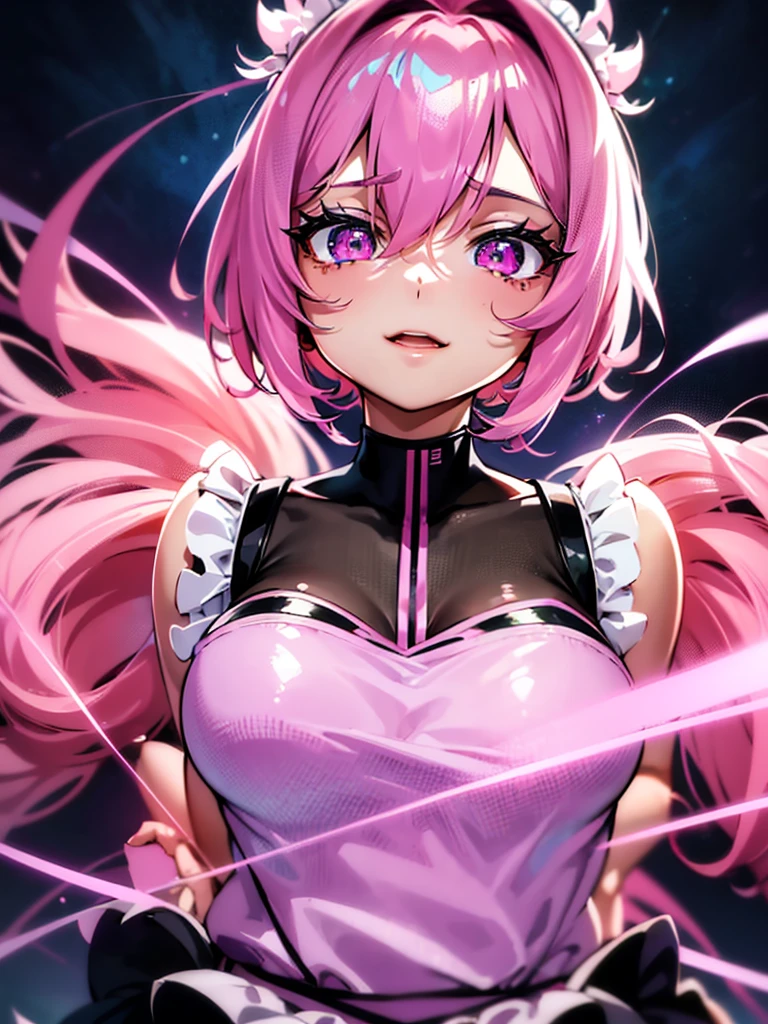 1girl, portrait, loli anime girl with short pink hair wearing maid outfit, pink hair with blue gradient shades, pink eyes, close up face, detailed eyes, detailed hair, emotional lovely happy expression, crystal glowing eyes, cinematic lighting, extremely detailed body, face, clothes, (best quality,4k,8k,highres,masterpiece:1.2),ultra-detailed,ultra HD, masterpiece, very very anime style, bokeh, starry shining lighting, original characters