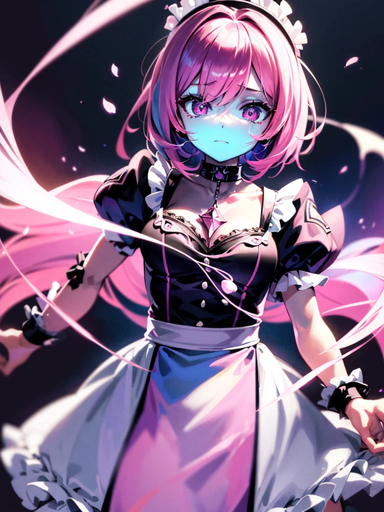 1girl, portrait, anime girl with short pink hair wearing maid outfit, pink hair with blue gradient shades, pink eyes, close up face, detailed eyes, detailed hair, emotional lovely happy expression, crystal glowing eyes, cinematic lighting, extremely detailed body, face, clothes, (best quality,4k,8k,highres,masterpiece:1.2),ultra-detailed,ultra HD, masterpiece, very very anime style, bokeh, starry shining lighting, original characters