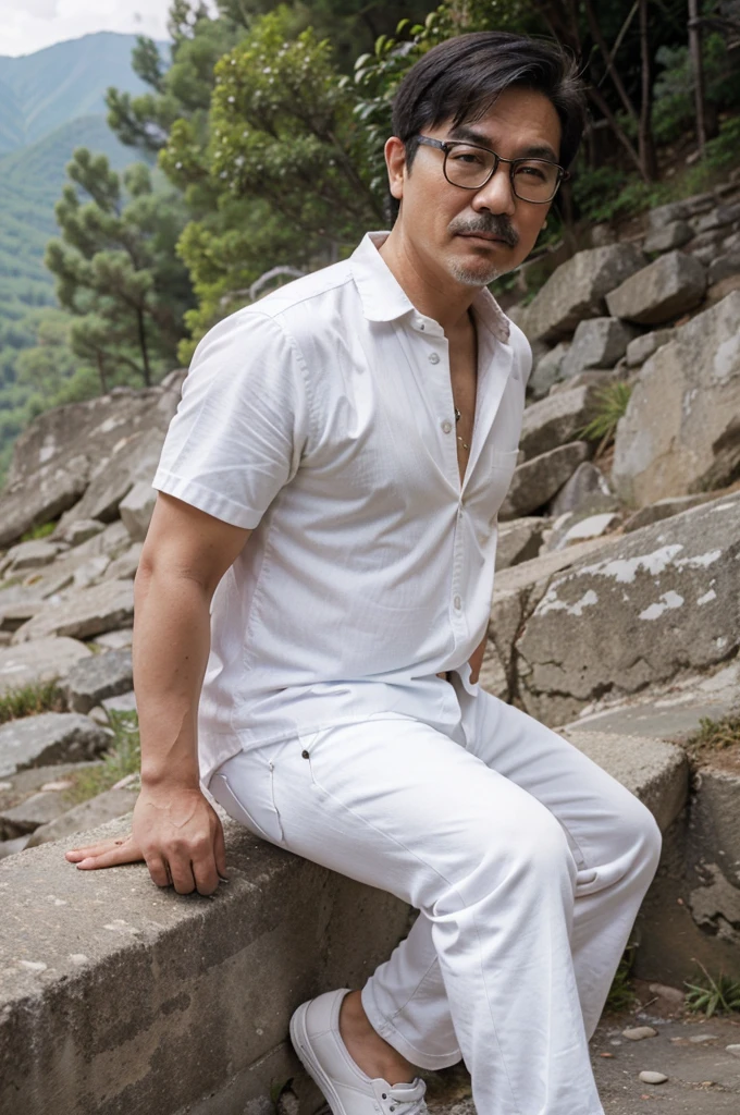 mature asian guy.fat body. bearded. thin mustache. short hair.(( white shirt )) glasses. jeans. white shoes. in the mountains.