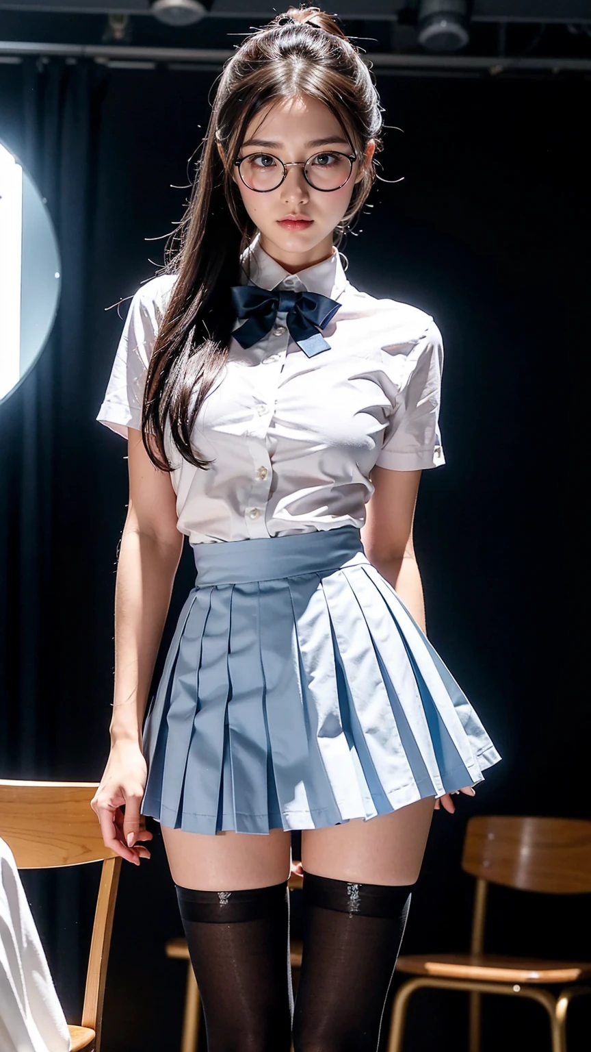 (Long ponytail),(Underwear is visible),（8K、RAW Photosgraphy、Highest quality、masterpiece：1.2),dove box,Glamour,Chromo White Skin,Cheeky,School,Staring at the audience,Viewed from the front,Muchimuchi,High-pitched clothing,erotic,student,White skin,knees,((Black Pantyhose)),Absurd,Small Face,,The forehead is visible,額の左右から垂れ下がる前hair,(Cold look,eyeを細めて,Glare,strong,Rage)、masterpiece,Highest quality、Ultra-high resolution,RAW Photos,Len,Beautiful poop,One person, solo,Glasses,,Dark look,Small breasts,whole body,Round Glasses,ＪＫ ,high school girl,Japanese women,standing,（Photorealistic：1.37）、Photon Mapping,Realistic、Beauty,Cute face,茶色のeye、(Red bow tie)、Radio City、物理ベースLenダリング、Depth of written boundary、Blurred Background、picture,body, , (The skirt is very short:1.2), (Very long legs:1.4), (very wide thighs:1.4), (She always wears black stockings:1.4), (Wearing brown platform high heels), Accurate high heels, ,(前hairが見える), hair, Lips, green_eye, Nose Soft,(Light blue shirt), (Navy, blue and white checkered pleated skirt), kneesが見える,See-through clothing,Nogizaka idol, , Japanese Ido, 