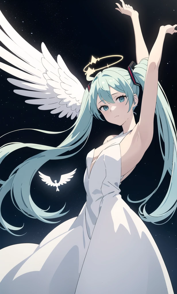 work of art, best qualityer, hatsune miku, white gown, angel, angel wings, golden halo, darkness background, trunk, (cloused mouth:1.2), gazing at viewer, arms behind the back, blue theme, stele, stary night