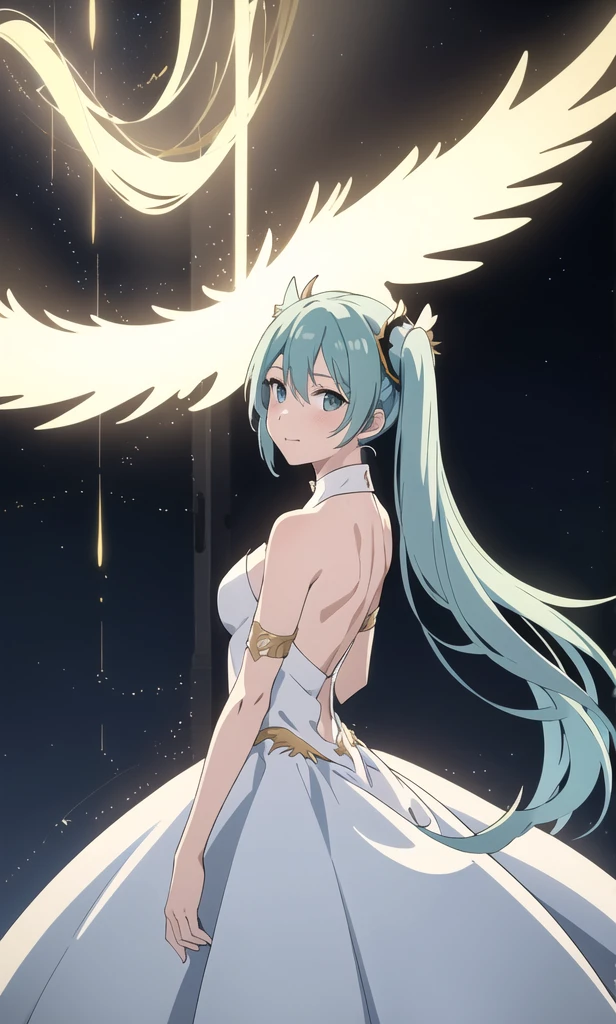 work of art, best qualityer, hatsune miku, white gown, angel, angel wings, golden halo, darkness background, trunk, (cloused mouth:1.2), gazing at viewer, arms behind the back, blue theme, stele, stary night