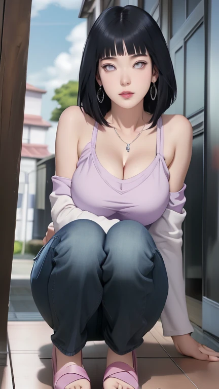 { - Anatomical Errors} (Masterpiece - Ultra Fine, Very high resolution) , case, Hinata\(Boruto Naruto Next Generations\), 1 Girl, Solitary,Mature female, Purple hood,Layered sleeves, jeans, outdoor, partly cloudy, Perfect composition, detailed lips, Big breasts, (((Full and soft breasts,)))(((Huge breasts))) (((Cleavage))) Pretty Face, Body Proportions, blush, (Pink lips), Black short hair (Black Hair), Lilac eyes, Soft appearance, Surreal, detailed, Real face and body, Realistic hair, Realistic eyes, Realistic nose, Realistic lips, With big earrings, Japanese cartoons. Walking on the floor in lavender shoes.