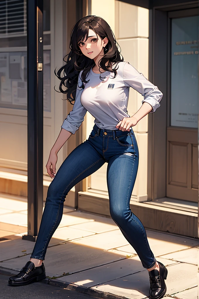 A 29-year-old girl with somewhat marked tits, linda, Beautiful shirt, jeans, combers shoes, black wavy hair, Brown eyes. 